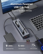 WENTER Powered USB Hub 3.0 with SD/TF Card Reader, Aluminum 10 Port Powered USB Hub (9 USB 3.0 Data Transfer Port & 1 USB Fast Charging Port Hub) USB 3.0 Hub for PC, Laptop