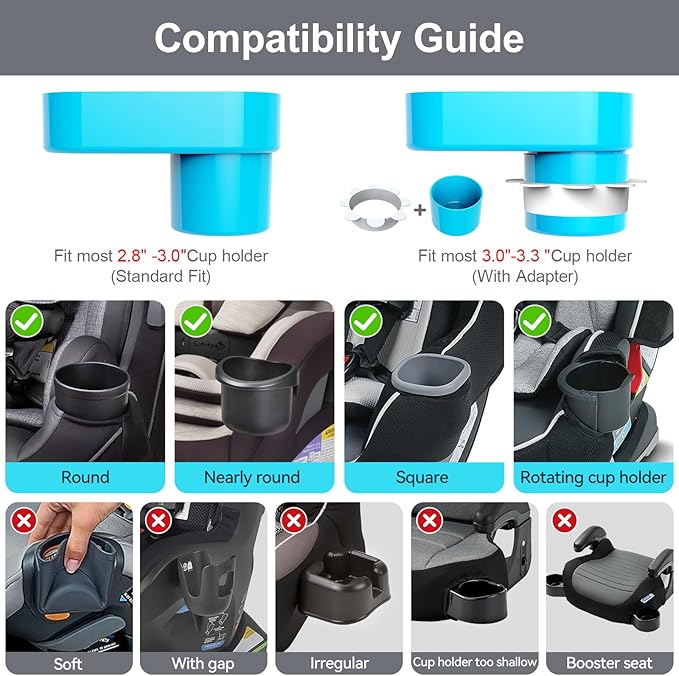 [Pink+Sky Blue] Car Seat Snack Tray for Toddlers - 3 Inch Cup Holder Fits Most Sippy Cups & Straw Bottles with Dip Well, Mess-Free Square Kids Travel Tray Road Trip Essentials, Pink & Sky Blue