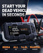 Portable 10-in-1 Car Battery Jump Starter with Air Compressor 8000A 160PSI 45W Charger, Jump Starter Jump Box (All Gas 14L Diesel), Car Battery Jumper Starter Portable Jumper Cables, Gloves, Lights
