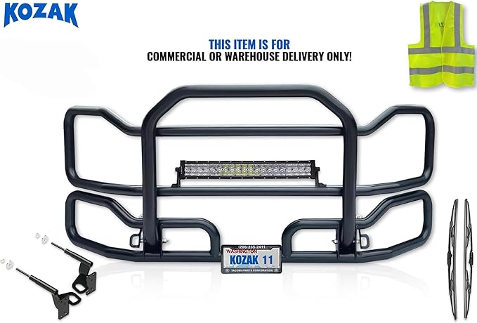 Compatible With Cascadia 2008-2017 Black Front Grille Deer Moose Brush Bumper Guard Large PLUS 22" LED Light Bar, Bracket, Logo, Wipers, License Plate Holder & Frame, Reflective Vest