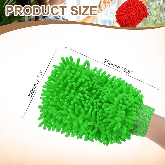 HARFINGTON Chenille Microfiber Car Wash Mitts 9.8" x 7.9" Scratch Free Wash Gloves Absorbent Double Sided Plush Cleaning Drying Mitts for Car Washing Home Green