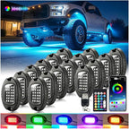 16Pods Heavy Duty Aluminum RGB LED Rock Lights for Trucks Pickup Jeep Gladiator Off-Road with APP/RF Remote, Segmented IP67 Waterproof Multicolor Underglow Accent Light 12V Plug and Play&Pre Wired