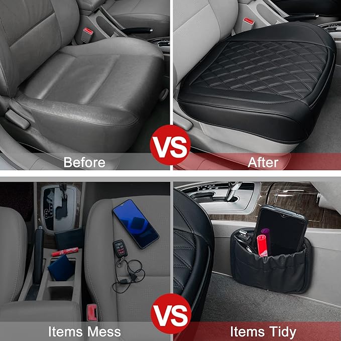 BEITK,2 Pack Leather Front Car Seat Cover Bottom Car Seat,Anti-Slip and Full Wrap Driver Car Seat Protectors Storage Pocket,Luxury Waterproof Bottom Auto Seat Cushion Pad MatMost Vehicles(Black)