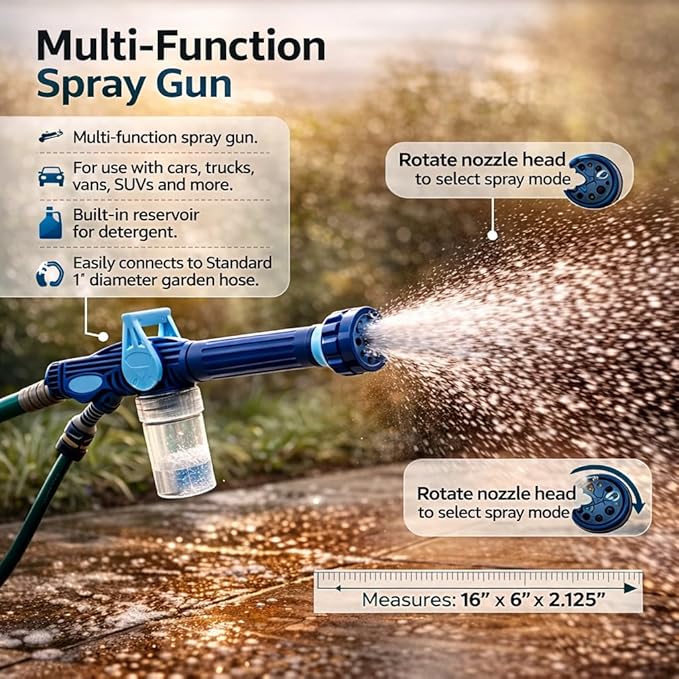 Perfect Life Ideas Car Wash Sprayer Cannon with Soap Dispenser, Multi Pattern Spray Gun for Garden Hose, Adjustable Water Sprayer for Car Cleaning, Trucks, Vans,SUVs and Outdoor Use.