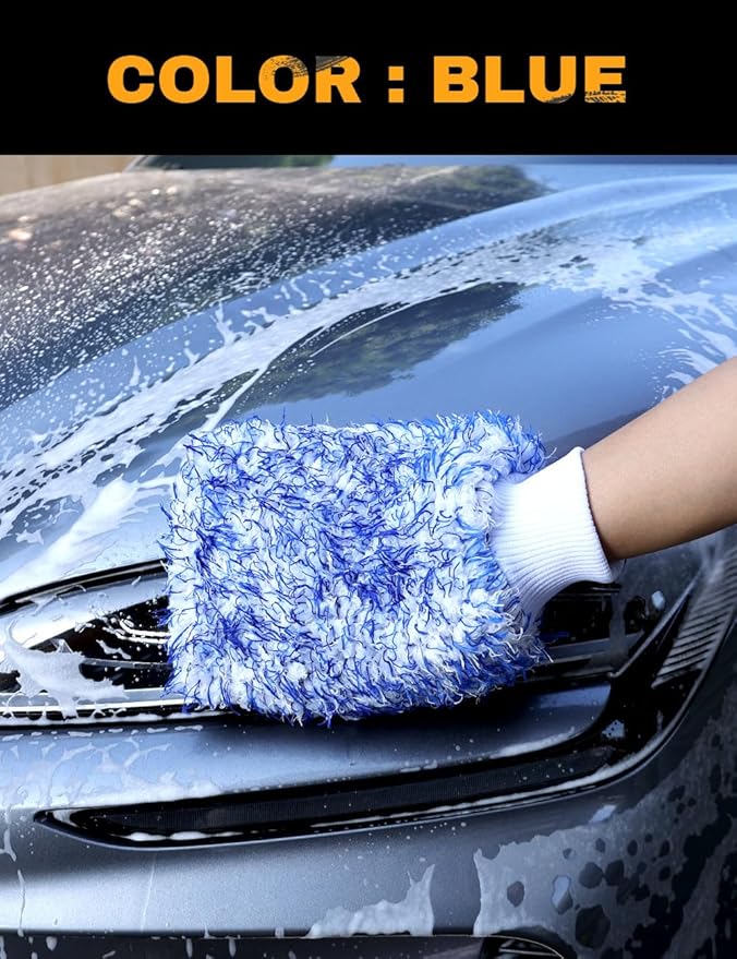 Microfiber Car Wash Mitts, 2Pack Premium Scratch-Free Car Wash Gloves with Thick Elastic Cuff for Auto Detailing, Cars, Trucks, SUVs, Boats (Blue & Orange)