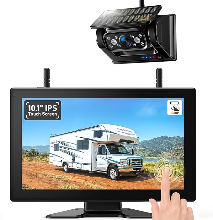 ZEROXCLUB 10.1" Magnetic Solar Wireless Backup Camera System, HD1080P Loop Recording 10.1 Inch Touchscreen Monitor with Quad RV Backup Cameras Wireless System for RV Trailer Tractor Truck, BL101
