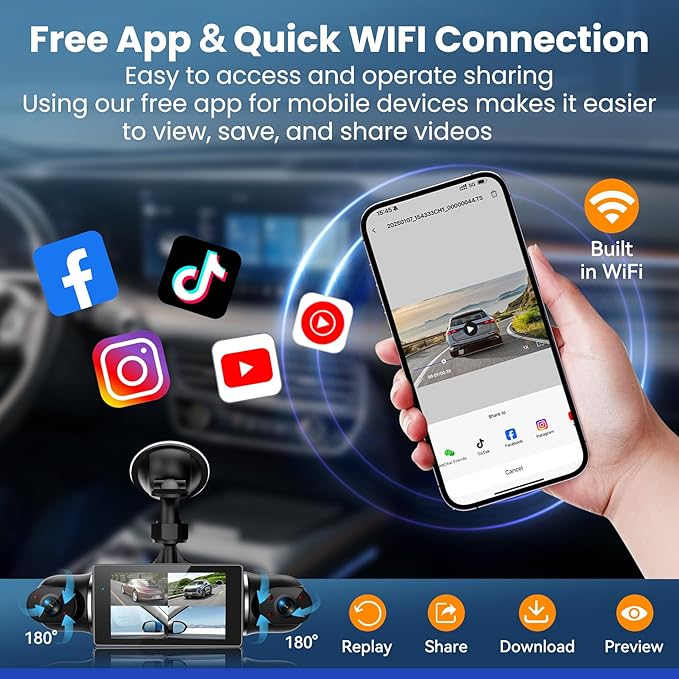 360°View 4 Channel Dash Cam, 4K+1080P Front and Rear Inside Left Right, Dash Camera for Cars, Built-in G-Sensor, IR Night Vision, 24H Parking Mode,64GB SD Card,Loop Recording,Wireless APP Transmission