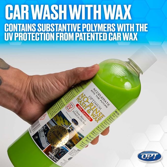 Optimum No Rinse Wash and Wax – Rinseless Car Wash Formulated with Carnauba Wax with UV Protection - For Cars, RVs, Trucks, Motorcycles and more (32 Oz)