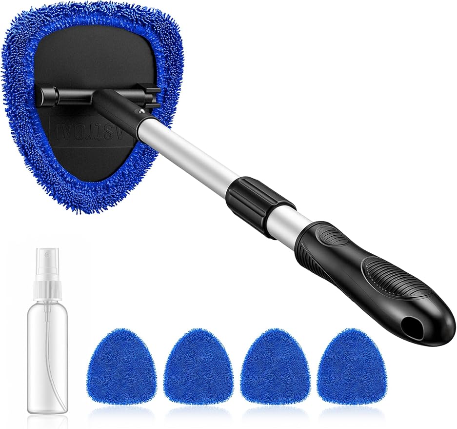 AstroAI Windshield Cleaner Tool, Car Interior Detailing Cleaning Kit with Extendable Handle and 4 Upgraded High-Density Reusable Microfiber Pads, Auto Glass Wiper Brush Kit for Cars, Blue, 15.9in-21in
