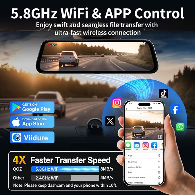 Mirror Dual Dash Camera with Voice Control,4K+2.5K Rear View Mirror Camera with 5.8GHz WiFi and APP Control, WDR Night Vision, Loop Recording, G-Sensor, Parking Monitor 64GB Card Included