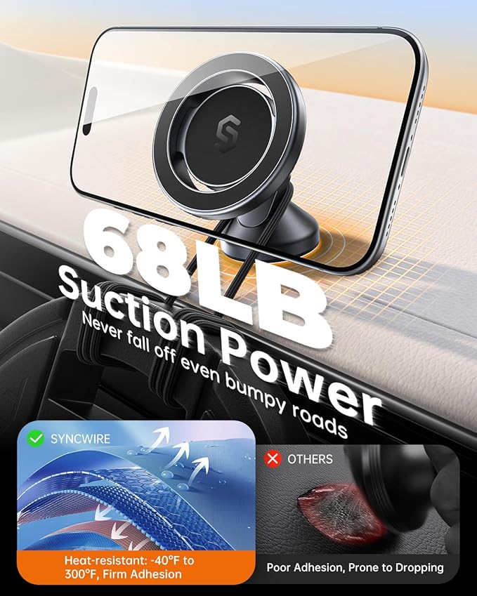 SYNCWIRE for MagSafe Car Mount - 360 Rotation Magnetic Phone Holder for Car Dashboard, Strong Magnet Car Phone Holder Mount Compatible iPhone 17 Pro Max Air 16 15 14 13 - Car Accessories for Women Men