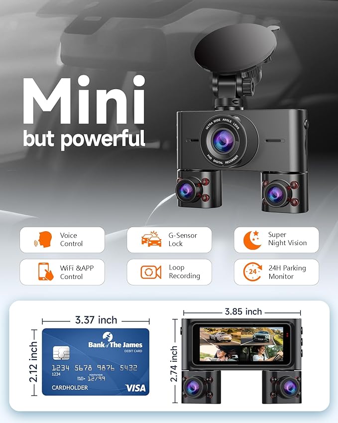 360° Dash Cam Front and Rear Inside, 4 Channel Dash Camera for Cars FHD 1080Px4, Built-in Wi-Fi, 3.16” IPS Screen, WDR Night Vision, Voice Control, Free 64GB Card, 24H Parking Mode
