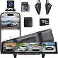 4 Camera System,10" AHD Mirror Rear View Dash Cam, Touch Screen Dash Cam with 128GB Card/Reverse line/WiFi/APP/1080P Night Vision for Car,Pickup,Truck,RV,Bus,SUV,MPV