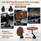 Car Food Cup Holder Tray - 360° Rotating Car Table and Car Seat Tray, Detachable Wooden Car Desk for Laptop and Food Tray, Compatible with Tesla Model Y/3/S, Ford F150/Explorer (Brown, 9.45")