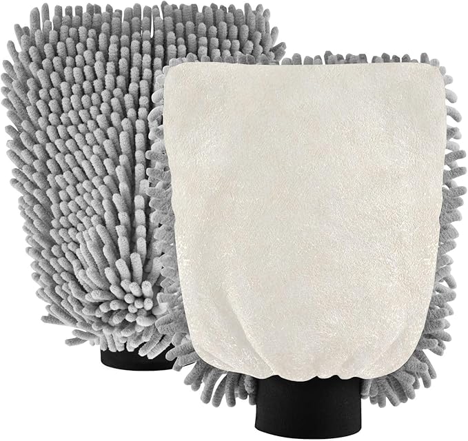 2 Pack Premium Microfiber Chenille Car Washing Mitt, Dual Sided Wash Gloves, No Scratch, Lint Free Washing and Detailing for Car Washing and Detailing (Cream Texture Beige)