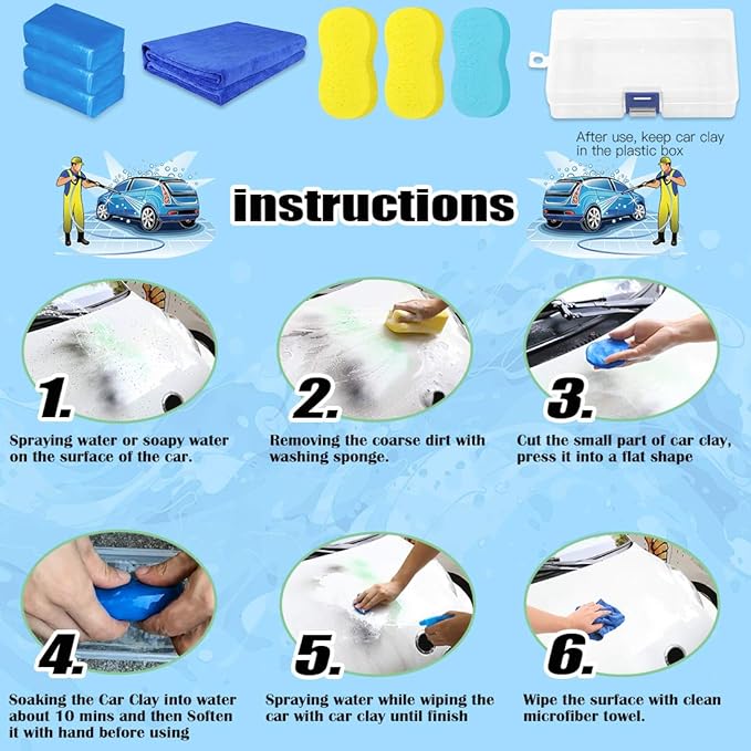 Glarks 8Pcs Clay Bar Car Detailing Clay with Premium Microfiber Washing Towel and Car Wash Sponges for Cleaning Oxidation, Scale, Bird Feces, Iron Powder, Acid Rain, and Sap on Car and Glass