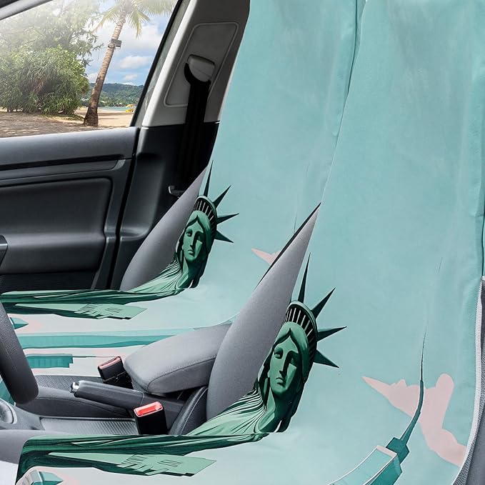 Hahafelt 2 Pack Car Seat Towel Covers with Storage Bag, 63 x 32 Inch Universal Non Slip Waterproof Sweat Protector for Car Truck, Gym Swimming Running, Machine Washable (Statue of Liberty)