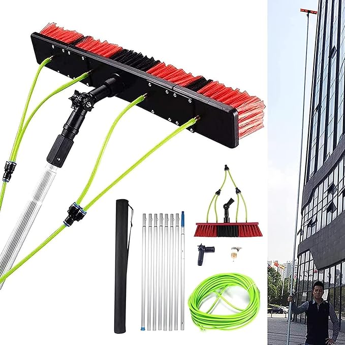 Telescopic Window Cleaning Brush Kit - 26.5Ft Extendable Pole & Hose Fed 50cm Brush - Perfect for High Windows & Hard-to-Reach Areas - Professional Cleaning Tool