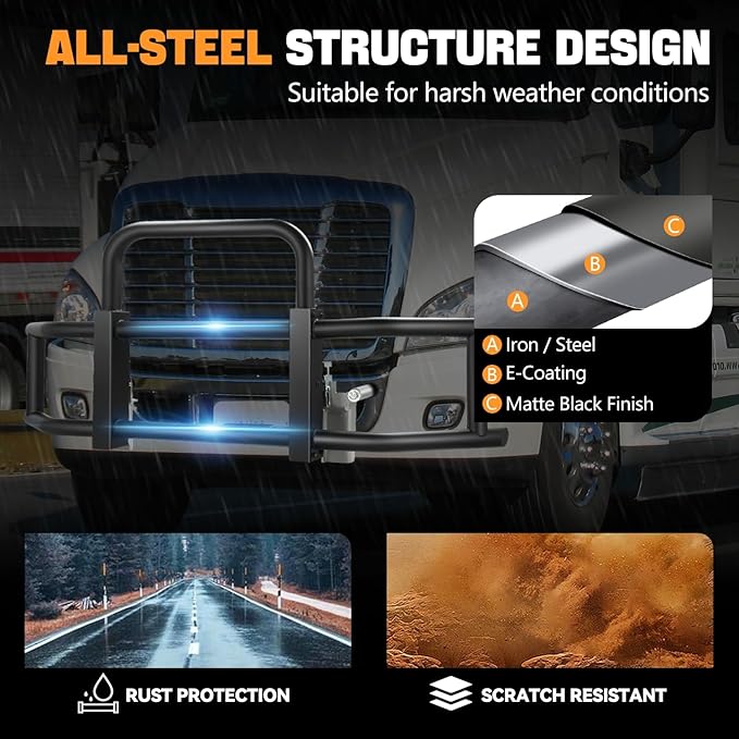 Auto Dynasty Front Bumper Brush Bull Bar Deer Guard Compatible with 2008-2017 Freightliner Cascadia, 3mm Thick Iron Tubing, Powdercoated Matte Black