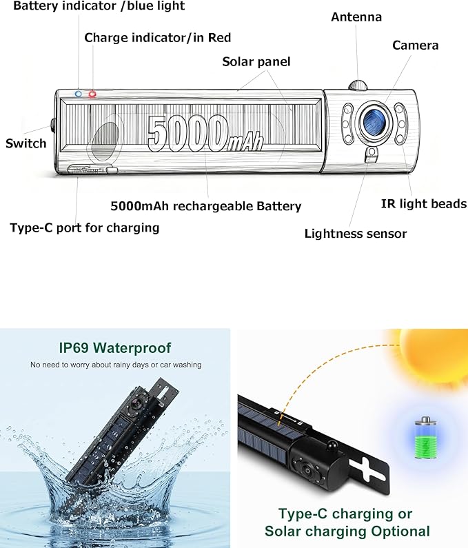 Solar Wireless Backup Camera 5'' HD Split-Screen Monitor Reversing Camera Stable Signal Dual Channel Back Up Kit Easy Installation Night Vision Waterproof Reverse Camera for Car RV Van SUV
