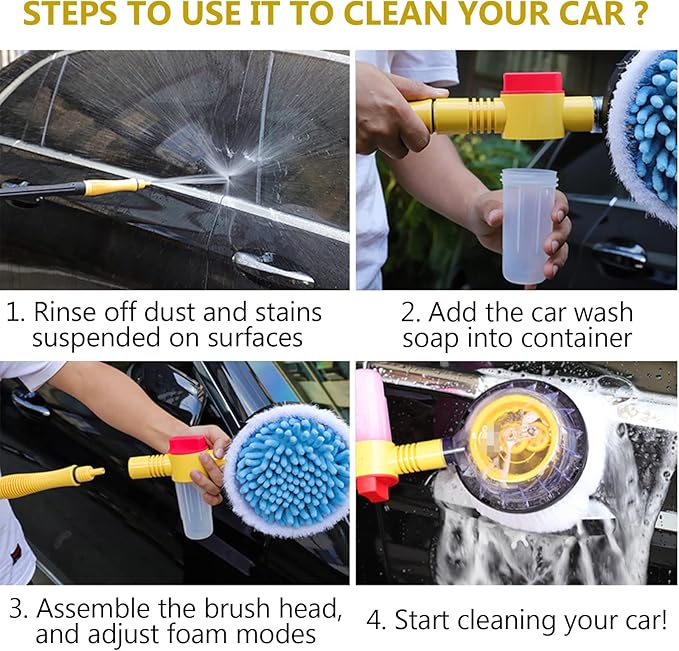 Automatic Rotating Car Wash Brush with Soap Dispenser, Soft Chenille Car Washing Brush Spin Mop Garden Hose Brush Foam Spray Gun Exterior Car Cleaning Brush Kit (Detachable Long Handle)