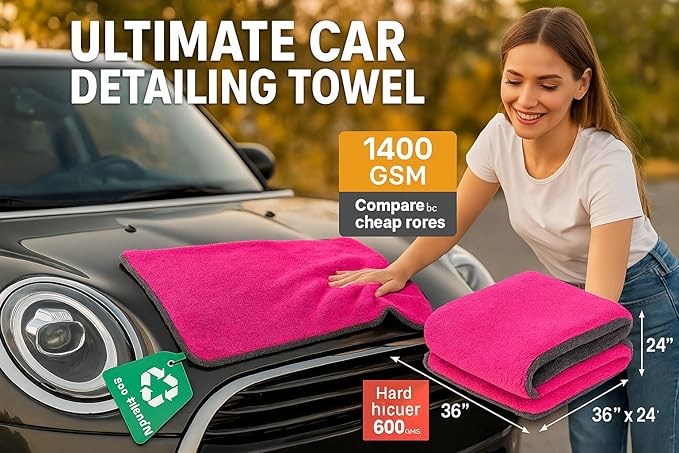 Microfiber Car Drying Towel 36"x24" – 1400 GSM Twisted Yarn, Ultra Absorbent, Scratch-Free, Machine Washable – Bonus 12"x12" Detail Towel, Pink/Gray