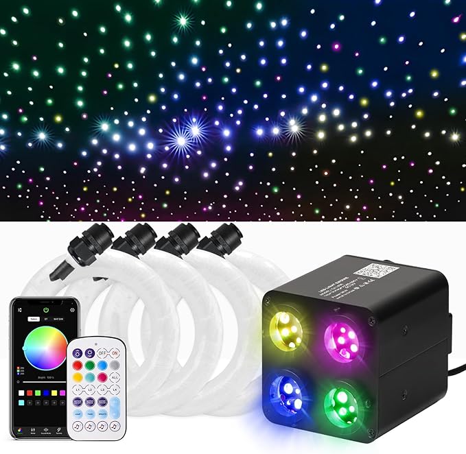 36W 4-Color RGBW Car Starlight Headliner Kit, 560pcs0.03in9.8ft, Twinkle & Sound Activate 4-Port Fiber Optic Light Engine with Bluetooth APP&Remote Control, Star Lights for Car and Home