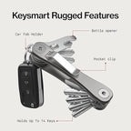 KeySmart Rugged - Multitool Key Holder for Keychain w/Bottle Opener and Pocket Clip, Organizer for Keys, EDC Keychains, Ring for Car Fobs Key Chains, Expandable (Up to 14 Keys, Titanium)