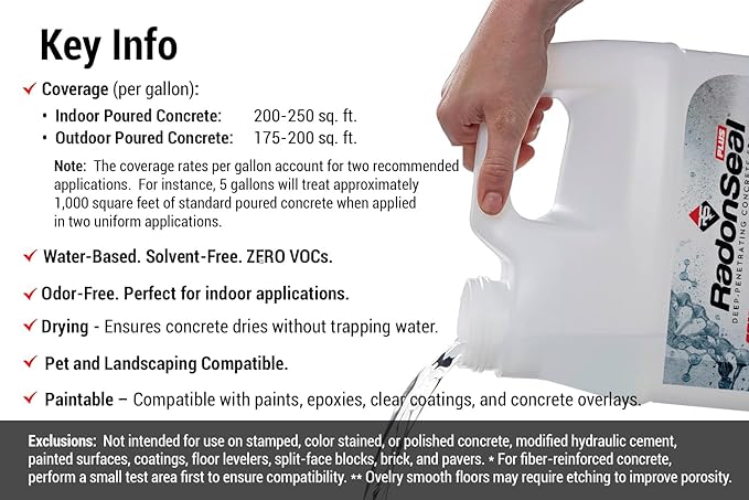 RadonSeal Concrete Sealer (Standard) – Deep Penetrating Waterproofing for Basement Floors & Foundation Walls – Reduces Moisture & Strengthens Concrete (5 Gallon)