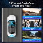 3 Channel Dash Cam Front and Rear, 1080P Dual Dashcam with 4 IR LEDs - 2 inch IPS Screen Front and Inside Dash Cam with G-Sensor, Wide Angle, Night Vision with 64GB Card Included