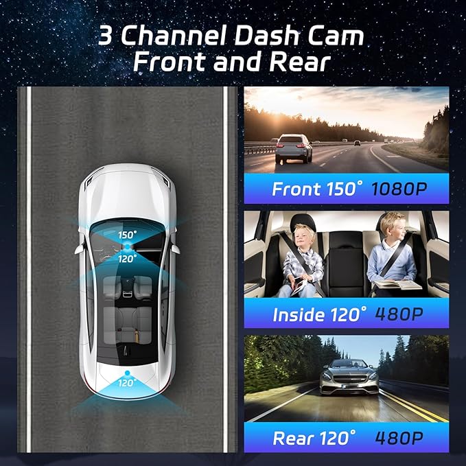 3 Channel Dash Cam Front and Rear, 1080P Dual Dashcam with 4 IR LEDs - 2 inch IPS Screen Front and Inside Dash Cam with G-Sensor, Wide Angle, Night Vision with 64GB Card Included