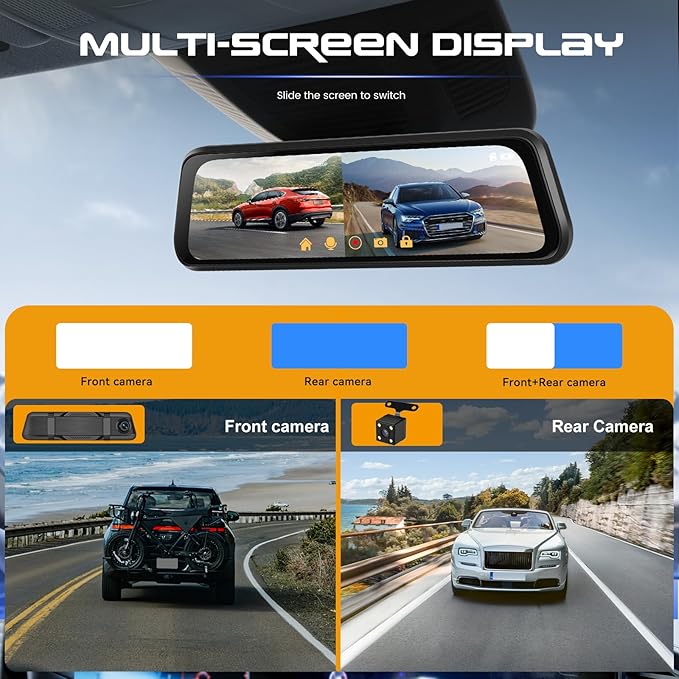 9.66 Inch IPS Mirror Dash Cam 1080P Front 480P Rear Dual Lens Touch Screen Dash Cam Front and Rear 150° Wide Angle Night Vision Loop Recording Reverse Assistance Motion Detection