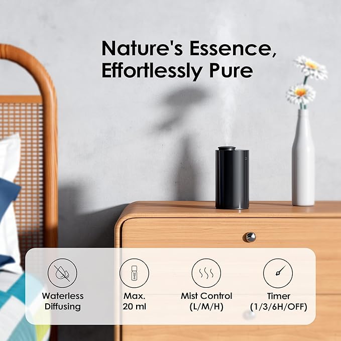 Airversa Waterless Essential Oil Diffuser Starter Kit with 30mL Hotel Fragrance Oil Inspired by BaCRT, Battery Operated Car Diffuser, Portable Aroma Nebulizer for Home Car Office, AN6Kit-C, Black