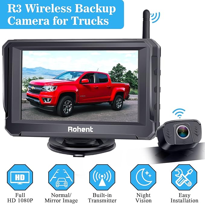 Rohent R3 HD 1080P Digital Wireless Backup Camera with 5'' Monitor License Plate Hitch Rear View Camera System for Cars,Trucks,Campers IP69 Waterproof Front/Rear View Switchable 8 IR Night Vision