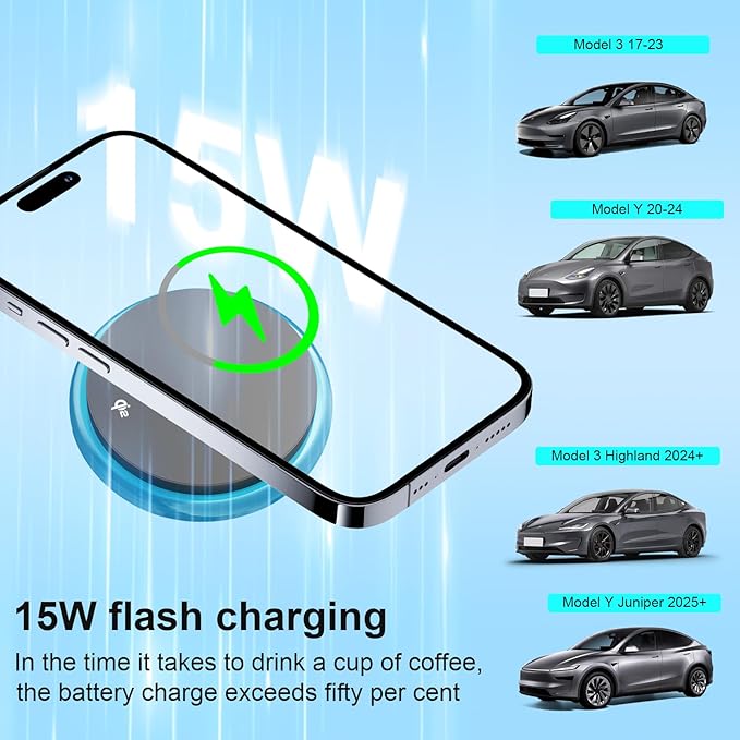 Wireless Car Mount Charger Fast Charging for Tesla Model 3/Y/3 Highland/Y Juniper (Model 3 17-23& Model Y 20-24, Without OBD Charger)