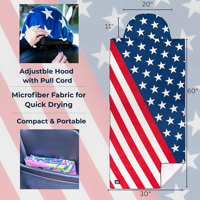 Gone For a Run Car Seat Towel Cover – Hooded Moisture-Wicking Microfiber Seat Protector – 30" x 60" – for Runners and Outdoor Enthusiasts – Patriotic