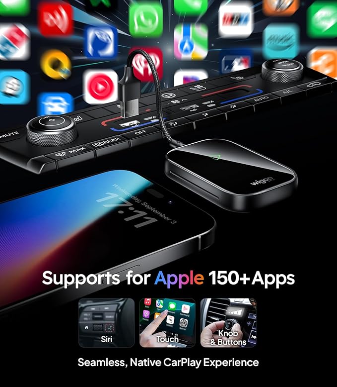 Wigoo 2026 Upgraded Wireless CarPlay Adapter [Plug & Play, 10s Auto Connect] Converts Wired to Wireless CarPlay, No Latency, for Cars from 2015+, for iPhone iOS 10+, Not for Tesla & Android, Black