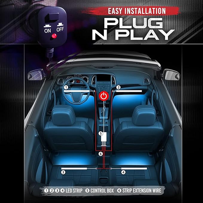 OPT7 Aura Interior Car Lights 6pc with Remote Control, Color Change, Music Sync Inside Ambient Lighting Kit, Car Truck LED Lights Under Dash Accessories, Charger Adapter 12V, 6pc Single Row LED Strip