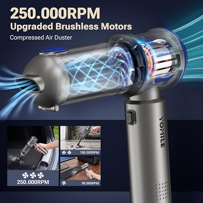 Yomile Mini Vacuum Cleaner, 2 in 1 27000PA Brushless Car Vacuum Air Duster 9000mAh Battery Air Blower Wireless Handheld Vacuum for Car,Office and Home (Blue)