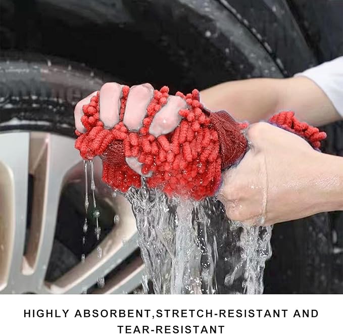 Microfiber Car Wash Sponge, Scratch-Free Vehicle Washing Mitt with Chenille & Mesh Sides, Highly Absorbent Sponge Lint-Free Cleaning Tool for Car Washing & Detailing (Red)