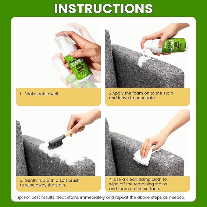 Upholstery Dry Cleaning Foam – No-Rinse Fabric Cleaner for Sofas, Couches & Car Seats, Quickly Lifts Stains & Dirt, Safe for Households with Kids & Pets, Easy-to-Use for Fresh & Spotless Furniture