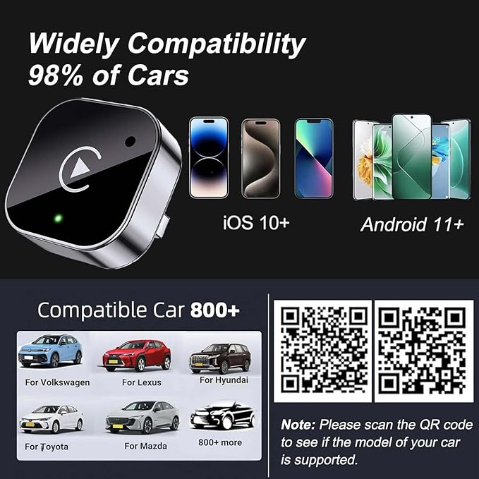 2025 Upgraded Wireless CarPlay Adapter for iPhone＆Android, Mini Wired to Wireless Adapter for CarPlay ＆Android Auto, Plug and Play, Stable Connection & No Latency