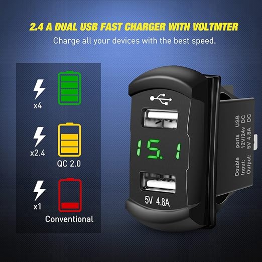 Nilight 4 Gang Rocker Switch Panel Green Backlit with 4.8 Amp Dual USB Charger Voltmeter Waterproof 12V 24V DC Night Glow Stickers for Car Trucks Boats RVs