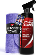 Carfidant Car Interior Cleaner – Stain Remover & Odor Eliminator – No Residue Finish – Safe on Leather, Fabric, Carpet & Plastic – Detailing Spray with Microfiber Towel – 18oz