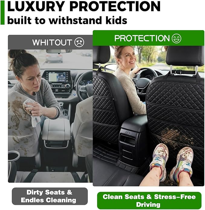 2 Pack Luxury PU Leather Car Seat Back Protector, Waterproof Kick Mats for Kids, No-Sag Backseat Organizer with Sleek Storage Pockets, Easy to Clean Auto Interior Accessories for SUV & Sedan (Grey)