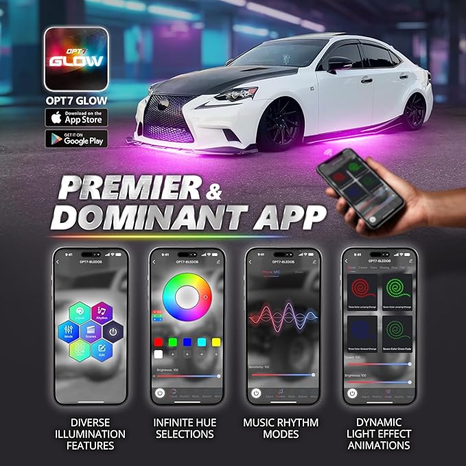 OPT7 Aura Pro Underglow LED Lights Kit for Cars with APP & Remote Control, RGB Multicolor Modes, Music Sync, Waterproof Rigid Aluminum Light Bar, Exterior Neon Accent Underbody Lighting, Car Gifts