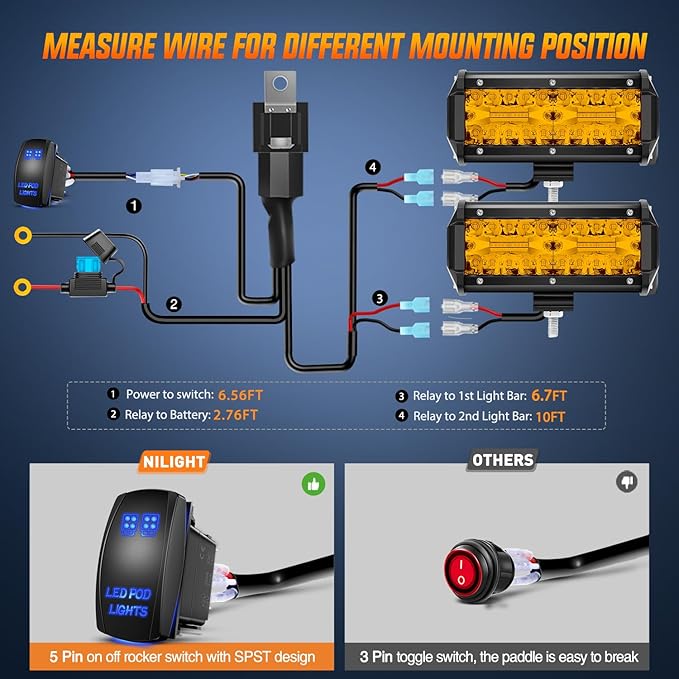 Nilight Led Light Bar 2PCS 6.5 Inch Amber 120W Spot Flood Combo Waterproof Triple Rows Off Road Fog Lights with 12V 5Pin Rocker Switch Wiring Harness Kit-2 Lead, 2 Year Warranty (ZH704)