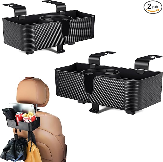 Amazicha Car Headrest Backseat Organizer with Hooks, 3 in 1 Seat Back Organizer Headrest with 3.7inch Cup Holder for Car Backseat Travel Accessories, 2PCS