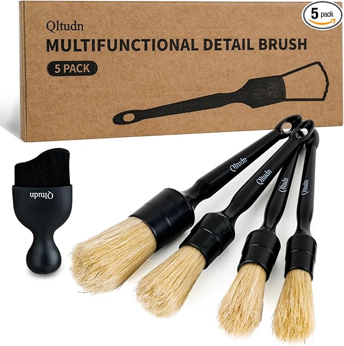 5PCS Car Detailing Brush,Boars Hair Detailing Brush Set, No Scratch,Ultra Soft for Interior and Exterior Car Cleaning, Dashboard, Leather Seat,Air Vents Wheels,Tires