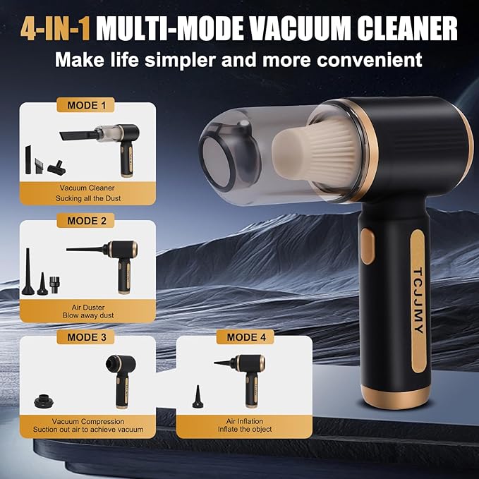 4-in-1 Cordless Car Vacuum Cleaner, 14000PA Powerful Handheld Vacuum with Air Duster & Inflator, Portable Rechargeable Vacuum for Car Pet Hair, Home, 4000mAh & Washable HEPA Filter